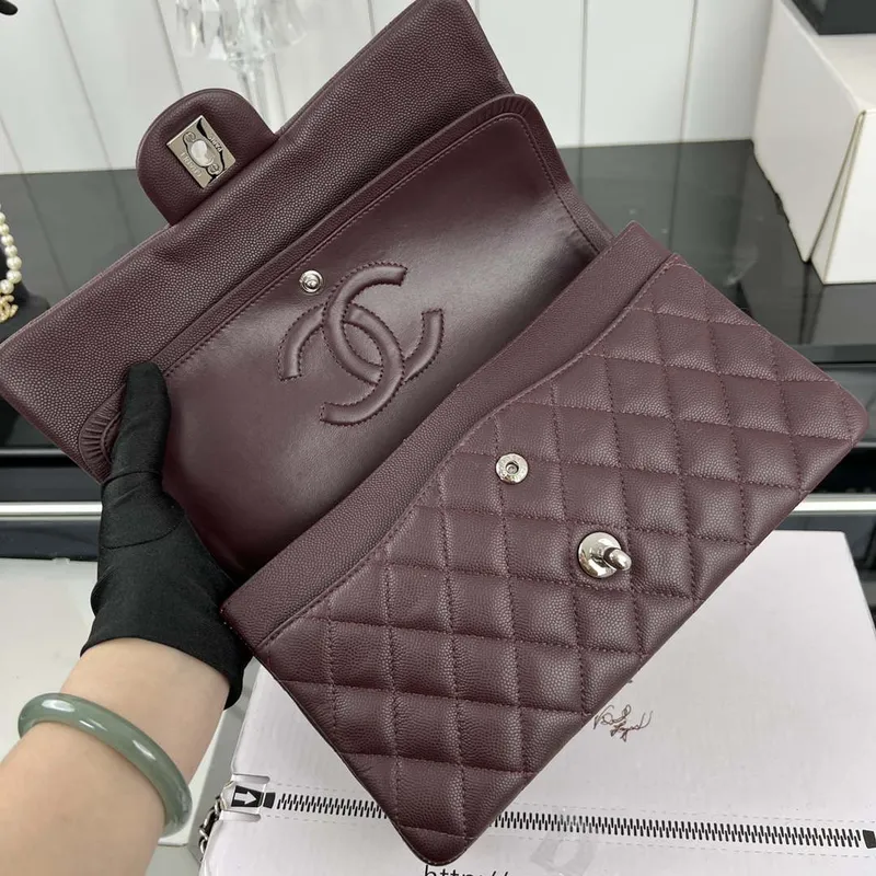 Chanel A01112 Flap Classic 11.12 Handbag Grained Calfskin & Silver Tone Metal Wine Red