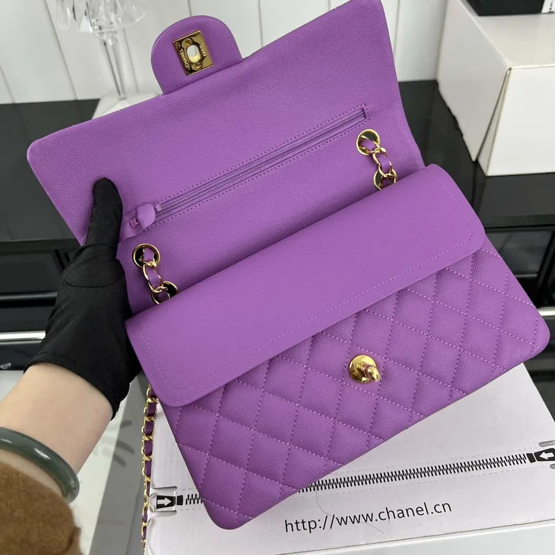 Chanel A01112 Flap Classic 11.12 Handbag Grained Calfskin & Gold Tone Metal Orchid