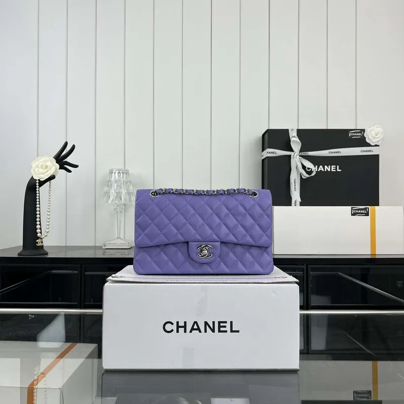 Chanel A01112 Flap Classic 11.12 Handbag Grained Calfskin & Silver Tone Metal Purple