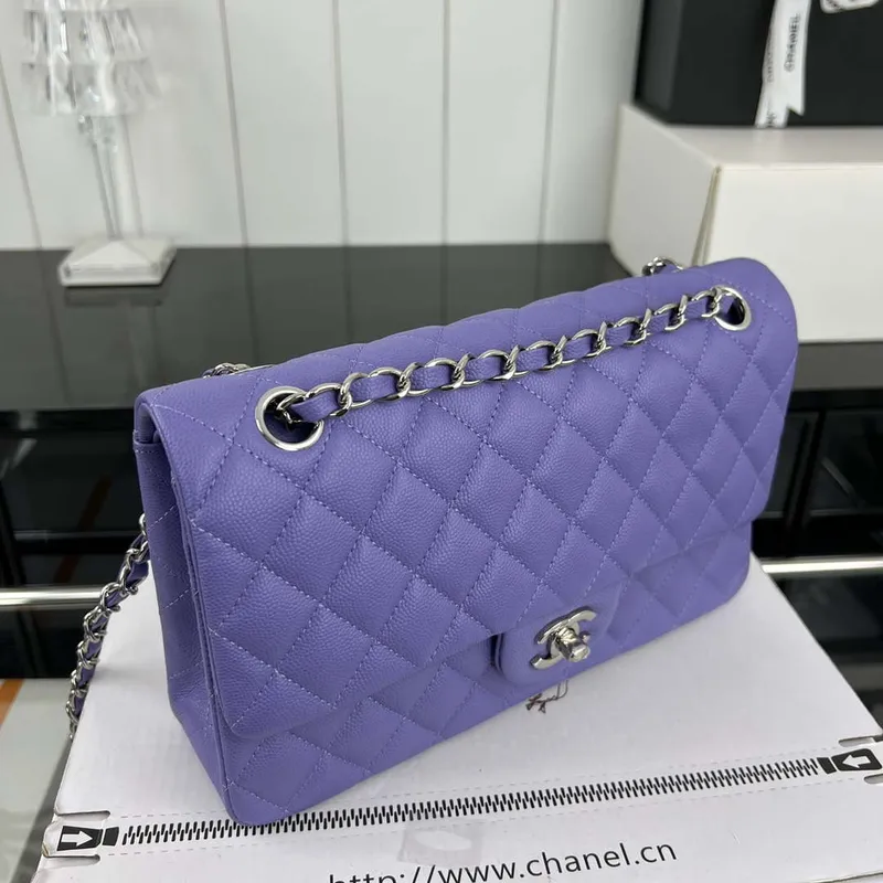 Chanel A01112 Flap Classic 11.12 Handbag Grained Calfskin & Silver Tone Metal Purple