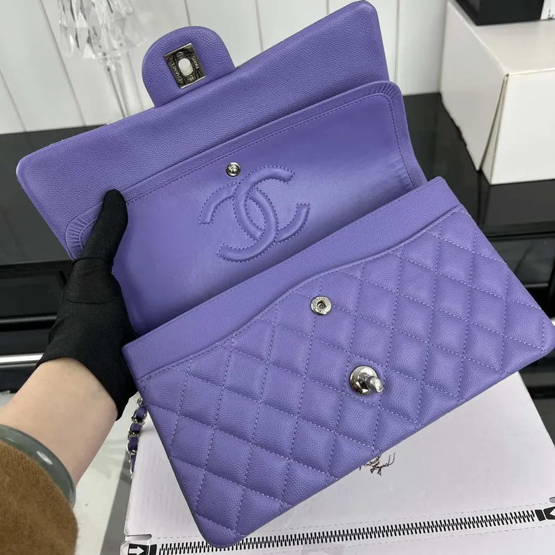 Chanel A01112 Flap Classic 11.12 Handbag Grained Calfskin & Silver Tone Metal Purple