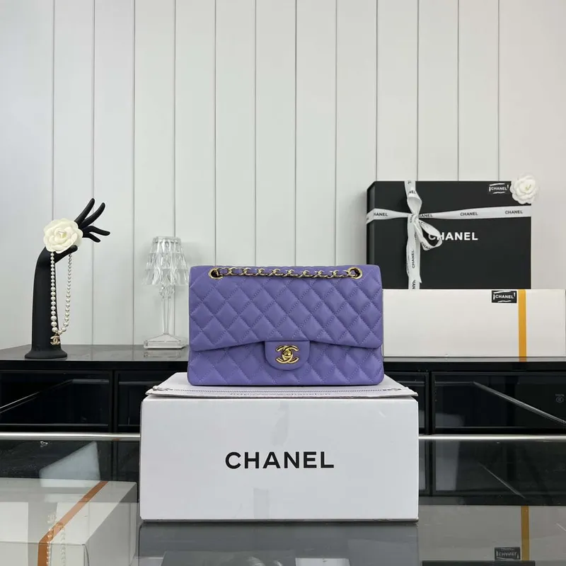 Chanel A01112 Flap Classic 11.12 Handbag Grained Calfskin & Gold Tone Metal Purple