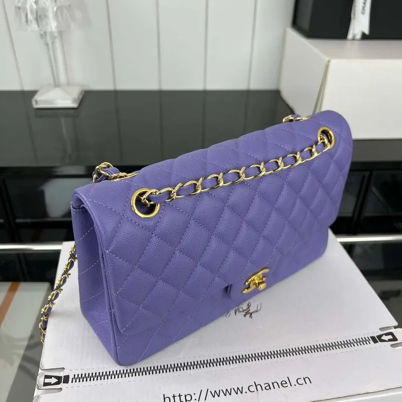 Chanel A01112 Flap Classic 11.12 Handbag Grained Calfskin & Gold Tone Metal Purple