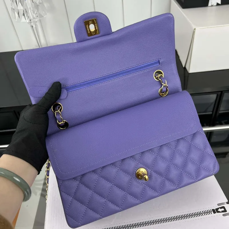 Chanel A01112 Flap Classic 11.12 Handbag Grained Calfskin & Gold Tone Metal Purple