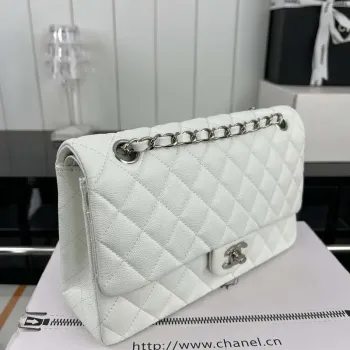 Chanel A01112 Flap Classic 11.12 Handbag Grained Calfskin & Silver Tone Metal White