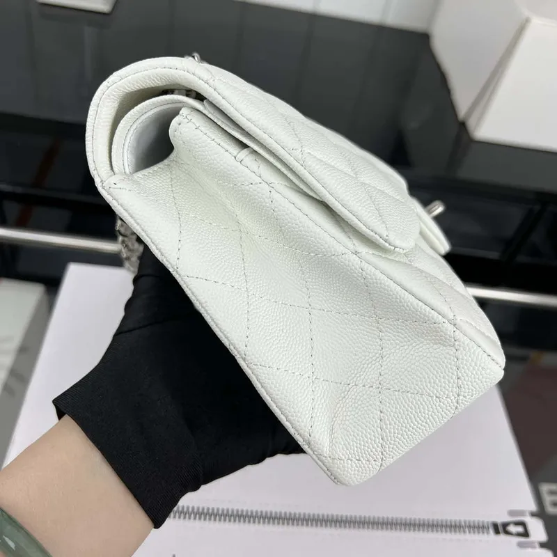 Chanel A01112 Flap Classic 11.12 Handbag Grained Calfskin & Silver Tone Metal White