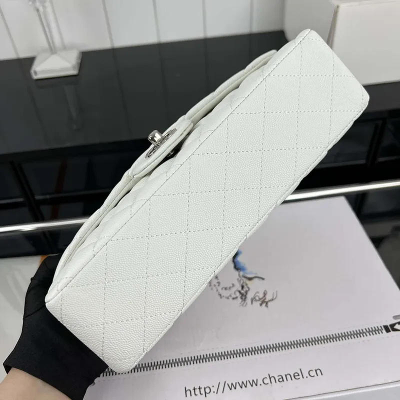 Chanel A01112 Flap Classic 11.12 Handbag Grained Calfskin & Silver Tone Metal White