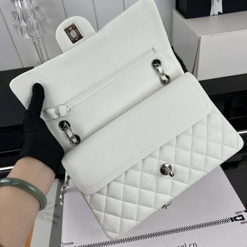 Chanel A01112 Flap Classic 11.12 Handbag Grained Calfskin & Silver Tone Metal White