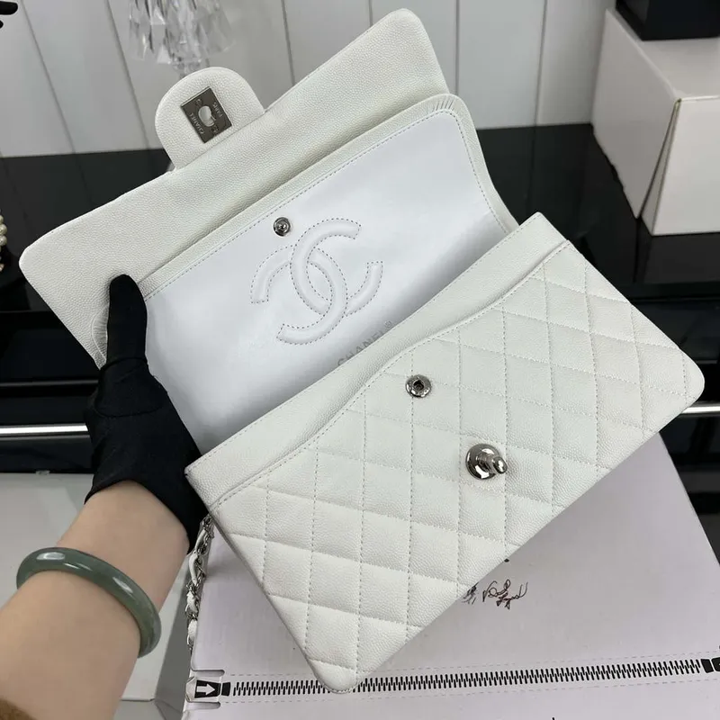 Chanel A01112 Flap Classic 11.12 Handbag Grained Calfskin & Silver Tone Metal White