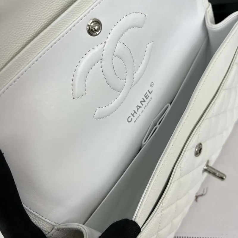 Chanel A01112 Flap Classic 11.12 Handbag Grained Calfskin & Silver Tone Metal White