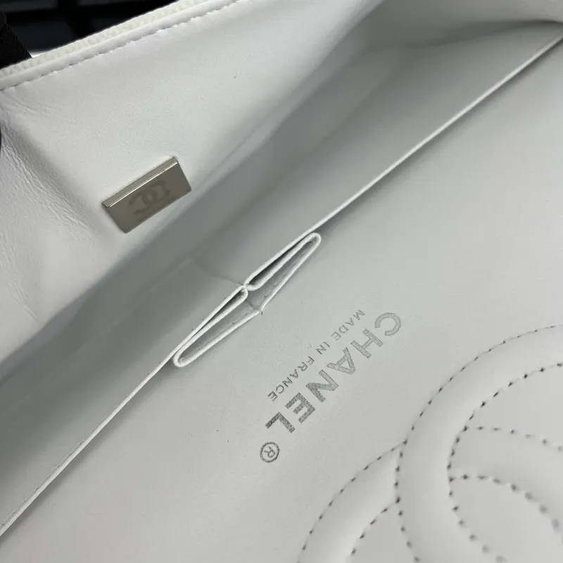 Chanel A01112 Flap Classic 11.12 Handbag Grained Calfskin & Silver Tone Metal White