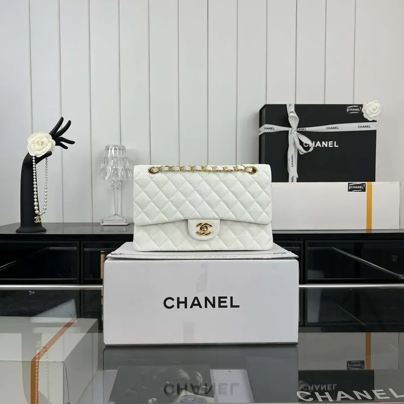 Chanel A01112 Flap Classic 11.12 Handbag Grained Calfskin & Gold Tone Metal White