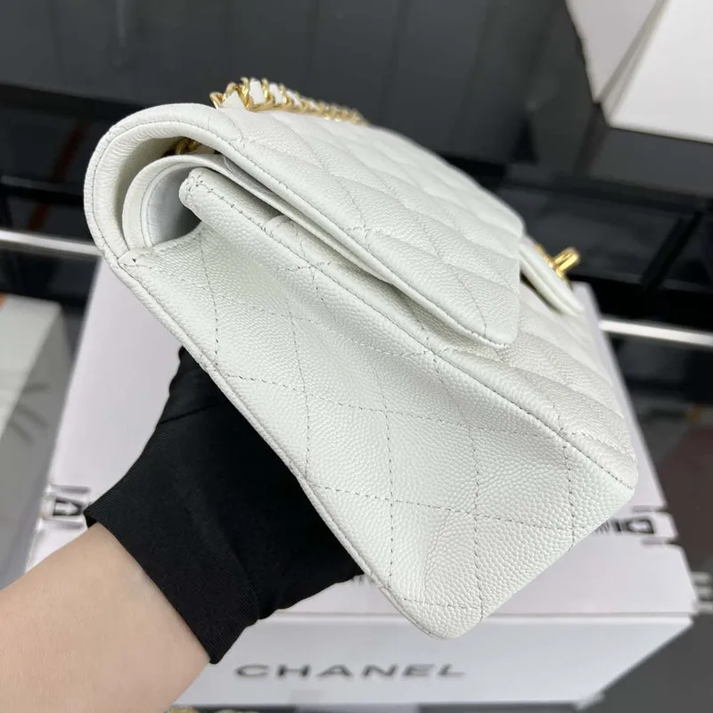Chanel A01112 Flap Classic 11.12 Handbag Grained Calfskin & Gold Tone Metal White