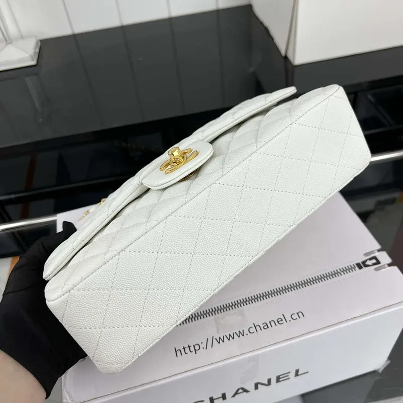 Chanel A01112 Flap Classic 11.12 Handbag Grained Calfskin & Gold Tone Metal White