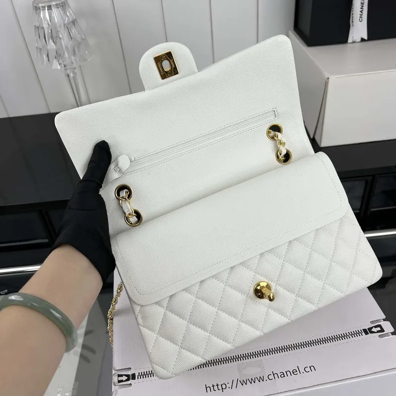 Chanel A01112 Flap Classic 11.12 Handbag Grained Calfskin & Gold Tone Metal White
