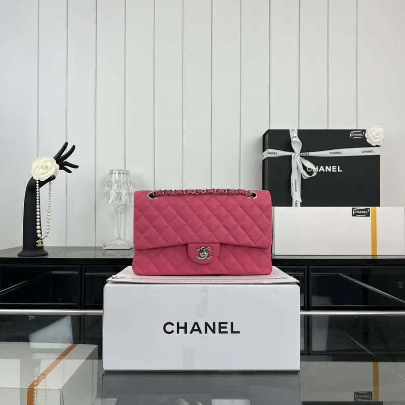 Chanel A01112 Flap Classic 11.12 Handbag Grained Calfskin & Silver Tone Metal Rose Red