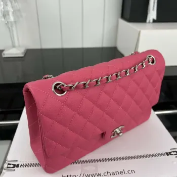 Chanel A01112 Flap Classic 11.12 Handbag Grained Calfskin & Silver Tone Metal Rose Red