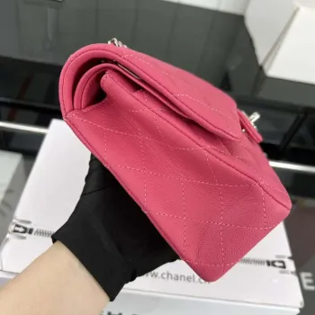 Chanel A01112 Flap Classic 11.12 Handbag Grained Calfskin & Silver Tone Metal Rose Red