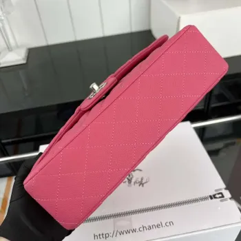 Chanel A01112 Flap Classic 11.12 Handbag Grained Calfskin & Silver Tone Metal Rose Red