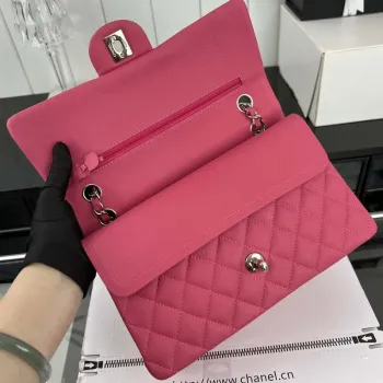 Chanel A01112 Flap Classic 11.12 Handbag Grained Calfskin & Silver Tone Metal Rose Red