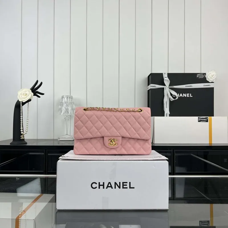 Chanel A01112 Flap Classic 11.12 Handbag Grained Calfskin & Gold Tone Metal Pink