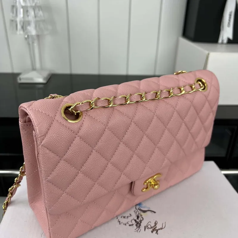 Chanel A01112 Flap Classic 11.12 Handbag Grained Calfskin & Gold Tone Metal Pink