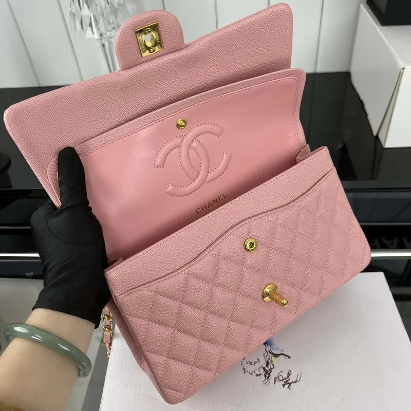 Chanel A01112 Flap Classic 11.12 Handbag Grained Calfskin & Gold Tone Metal Pink