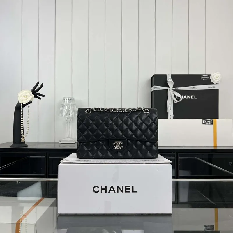 Chanel A01112 Flap Classic 11.12 Handbag Grained Calfskin & Silver Tone Metal Black