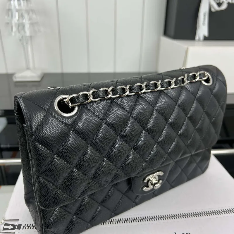 Chanel A01112 Flap Classic 11.12 Handbag Grained Calfskin & Silver Tone Metal Black