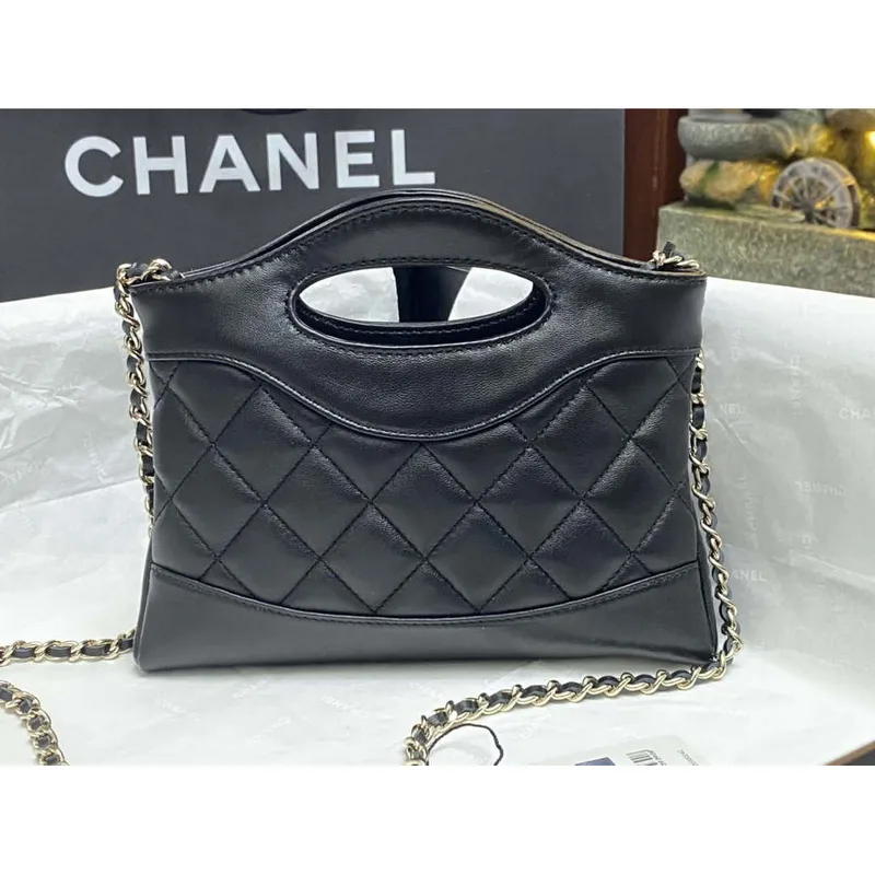 Chanel AP3656 Small Shopping Bag Shiny Lambskin & Gold Tone Metal Black