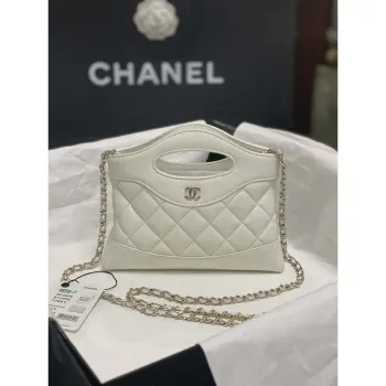 Chanel AP3656 Small Shopping Bag Shiny Lambskin & Gold Tone Metal White