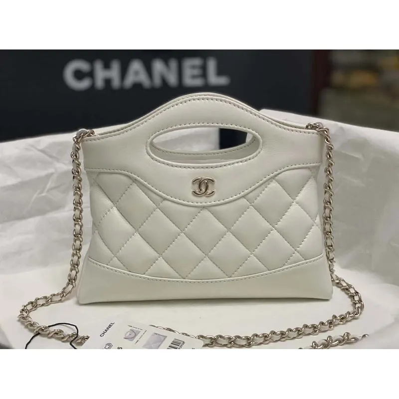Chanel AP3656 Small Shopping Bag Shiny Lambskin & Gold Tone Metal White