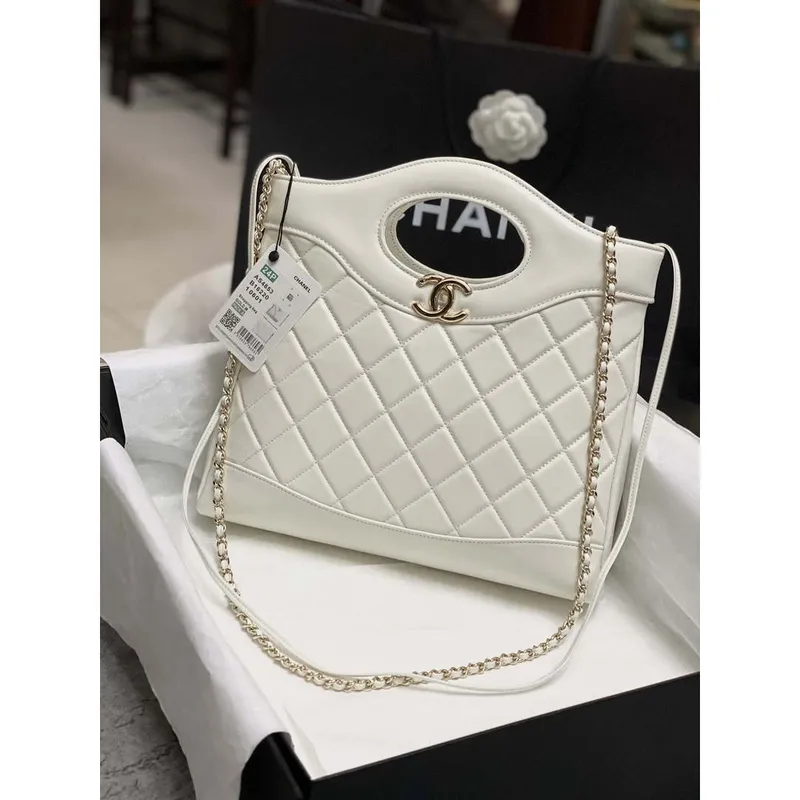 Chanel AS4853 Shopping Bag Shiny Lambskin & Gold Tone Metal White