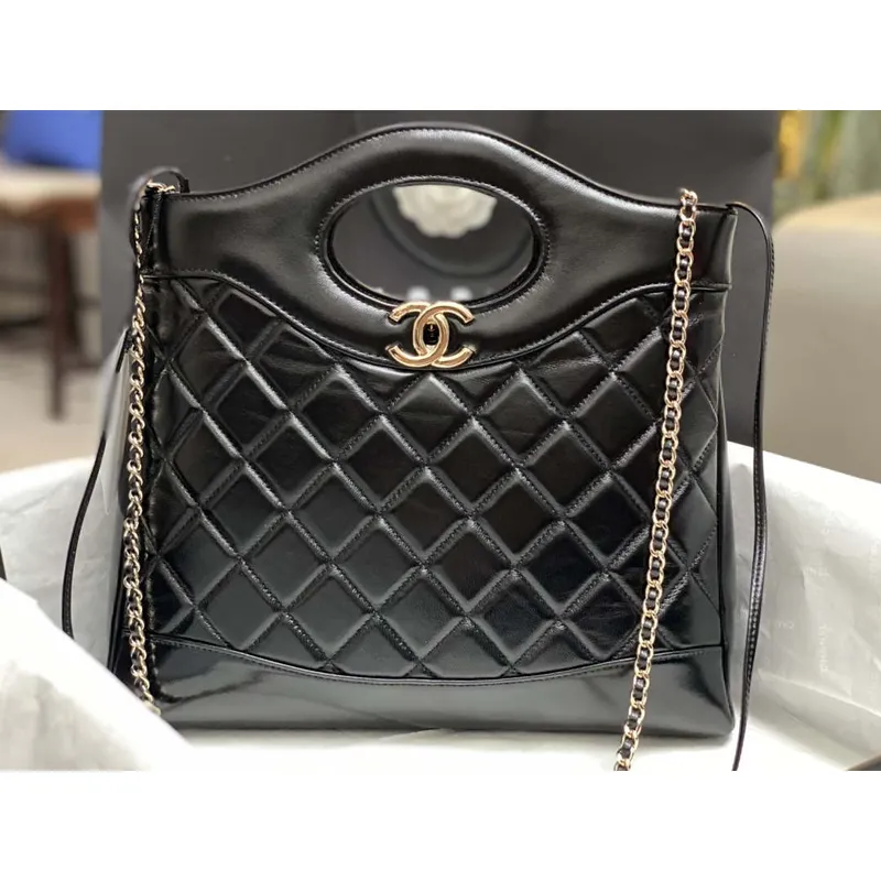 Chanel AS4853 Shopping Bag Shiny Lambskin & Gold Tone Metal Black