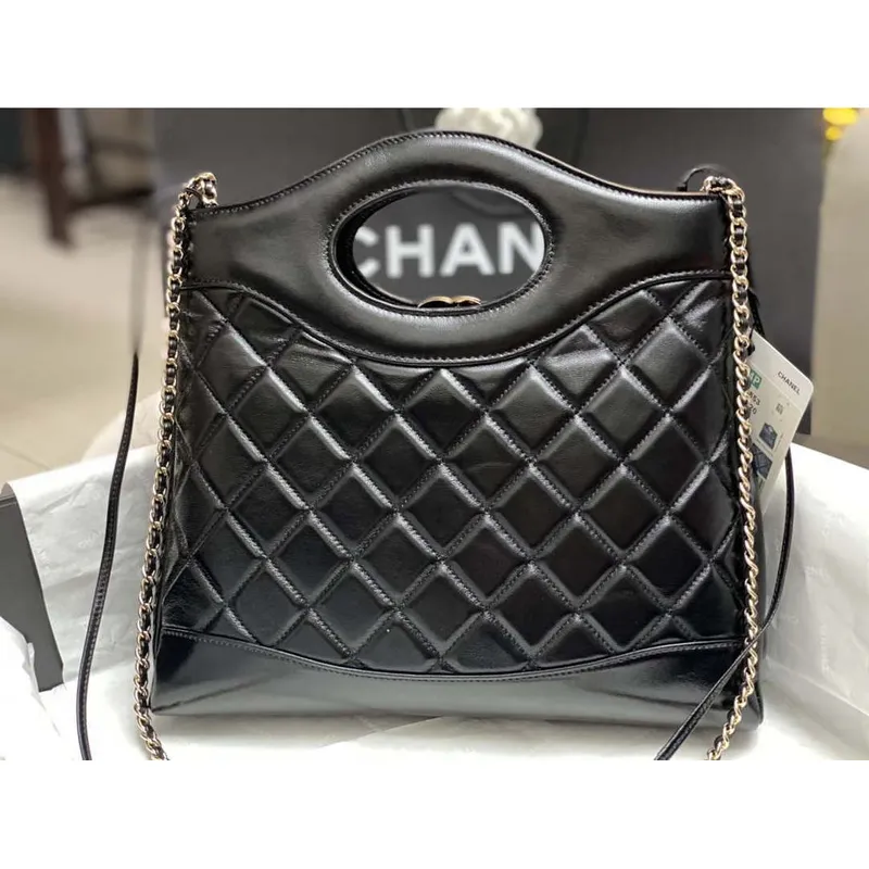 Chanel AS4853 Shopping Bag Shiny Lambskin & Gold Tone Metal Black