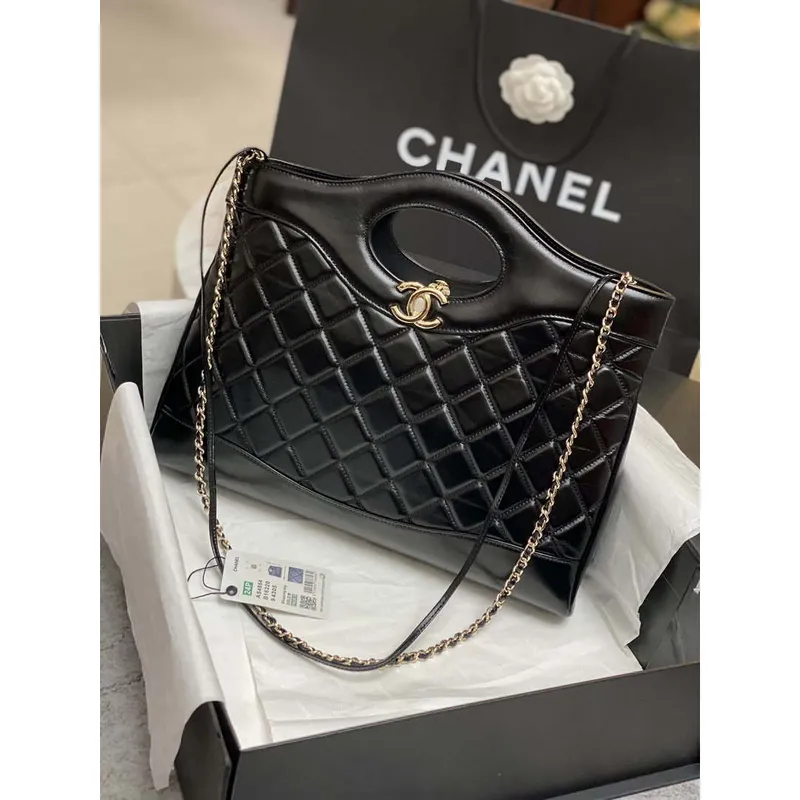 Chanel AS4854 Shopping Bag Shiny Lambskin & Gold Tone Metal Black