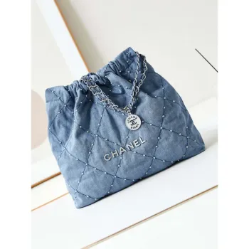 Chanel 22 Handbag Washed Denim & Silver Tone Metal AS3261 Blue