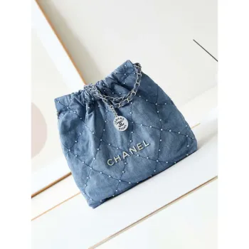Chanel 22 Small Handbag Washed Denim & Silver Tone Metal AS3260 Blue