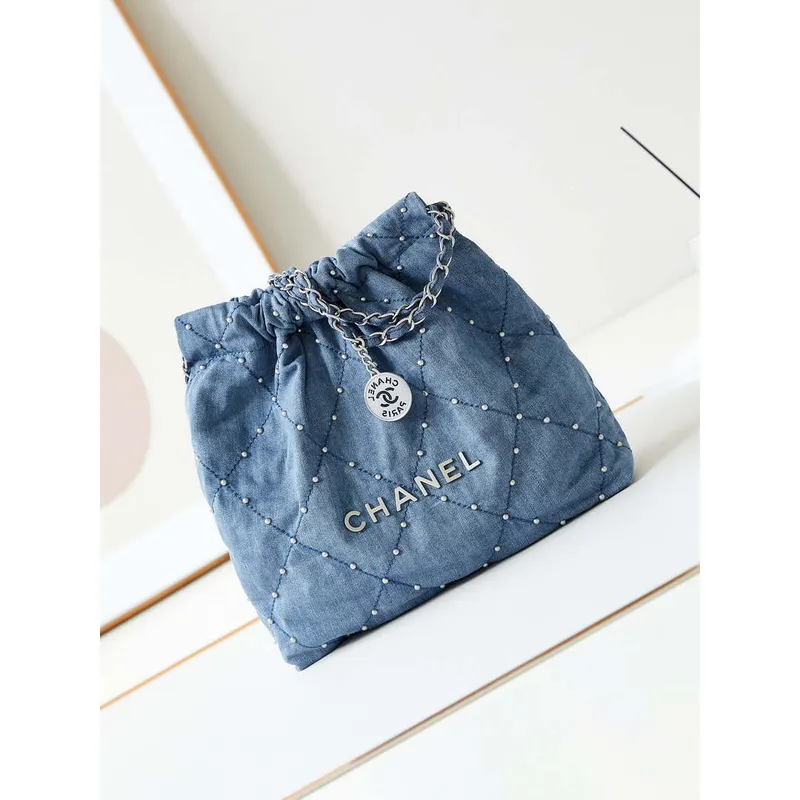 Chanel 22 Small Handbag Washed Denim & Silver Tone Metal AS3260 Blue