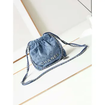 Chanel 22 Mini Handbag AS3980 Washed Denim & Silver Tone Metal Blue