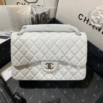 Chanel CF A01113 Classic Flap Bag in White Lambskin Silver