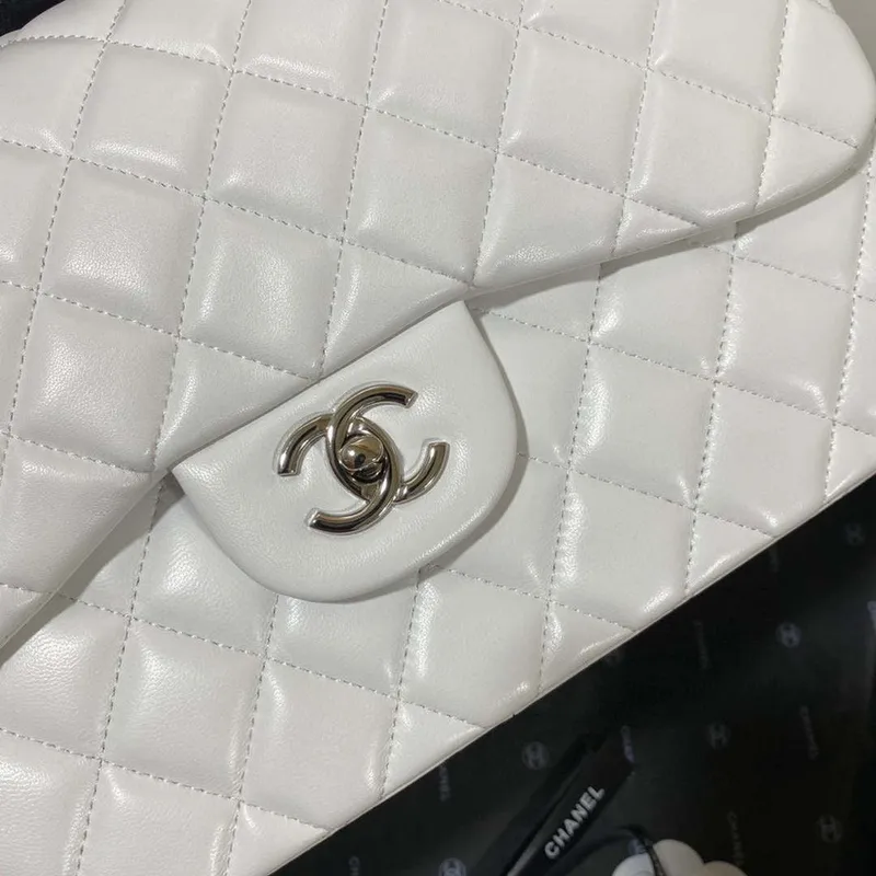 Chanel CF A01113 Classic Flap Bag in White Lambskin Silver