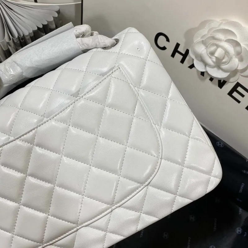 Chanel CF A01113 Classic Flap Bag in White Lambskin Silver