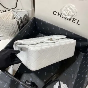 Chanel CF A01113 Classic Flap Bag in White Lambskin Silver