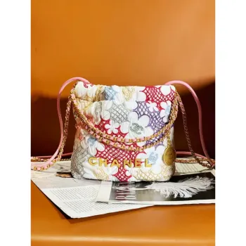 Chanel 22 Mini Handbag AS3980 Lace Patchwork & Gold Tone Metal Multicolour