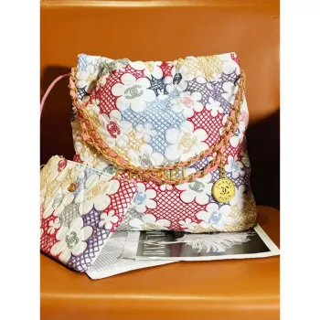 Chanel 22 Small Handbag AS3260 Lace Patchwork & Gold Tone Metal Multicolour