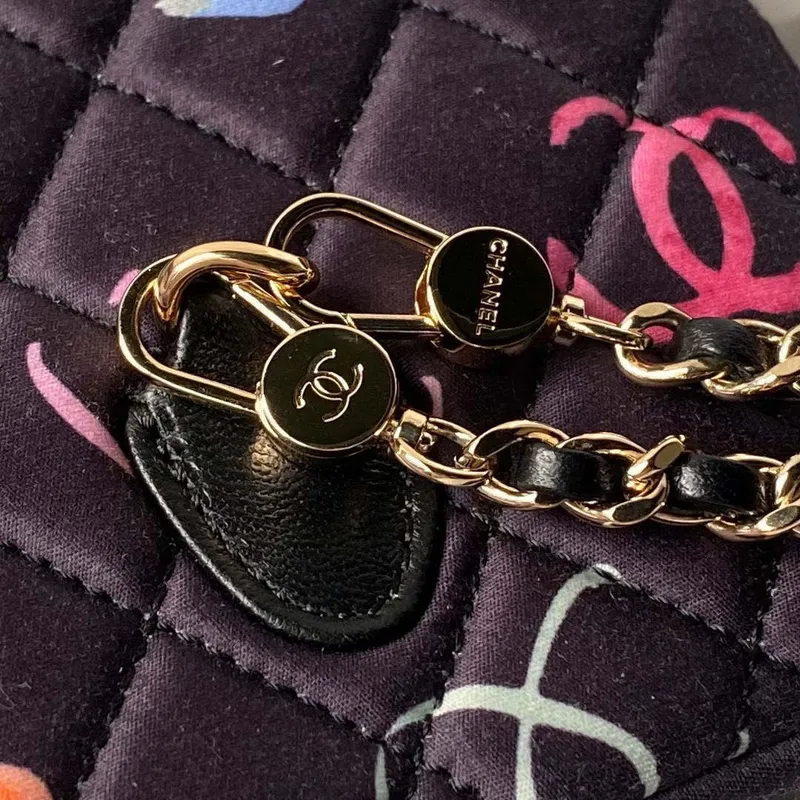 Chanel Ap3753 CLASSIC MINI Printed Fabric & Gold Metal Black & Multicolour