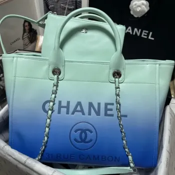 Chanel AS3351 Shopping Bag Shaded Calfskin & Silver Tone Metal Blue & Light Blue