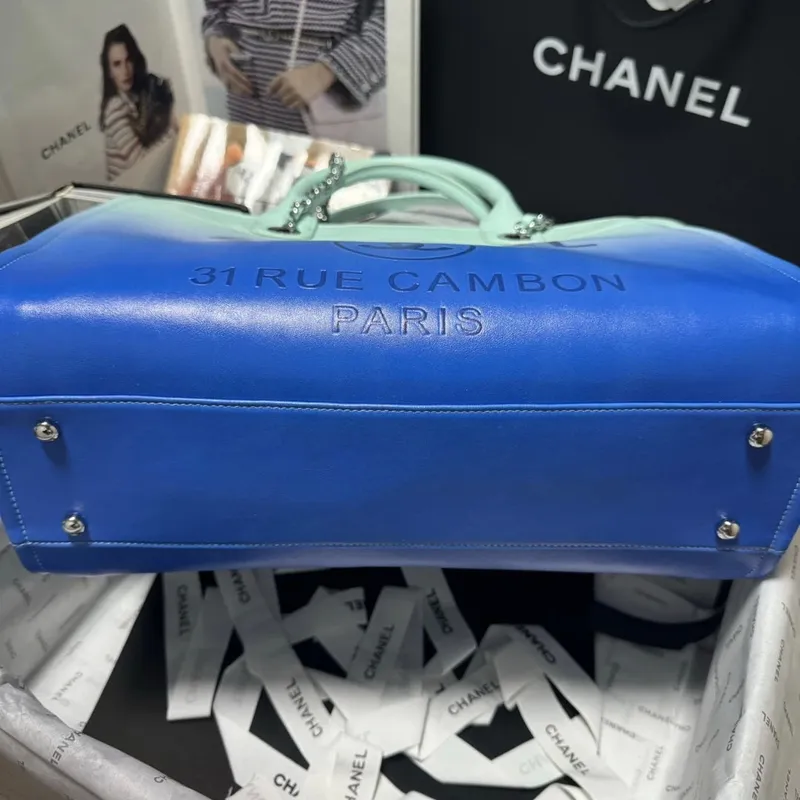 Chanel AS3351 Shopping Bag Shaded Calfskin & Silver Tone Metal Blue & Light Blue