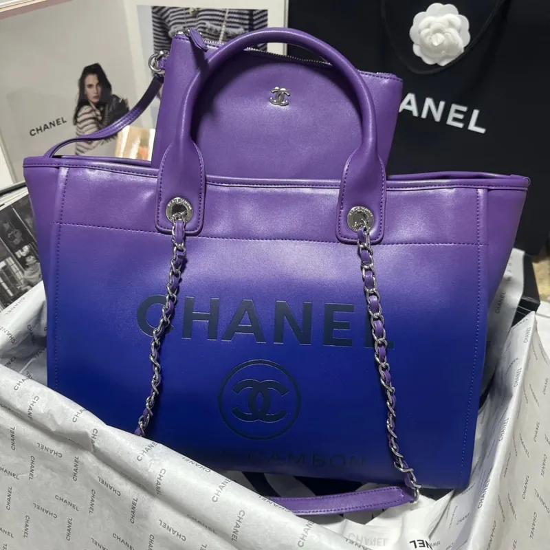 Chanel AS3351 Shopping Bag Shaded Calfskin & Silver Tone Metal Purple, Blue & Dark Blue